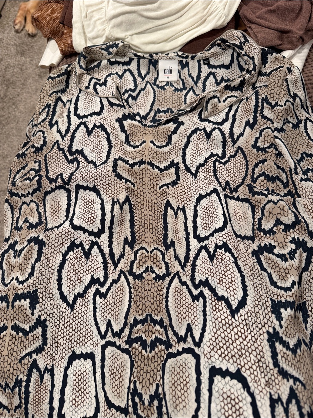 CAbi Snake-Print Scoop Neck Sweater in Beige and Black